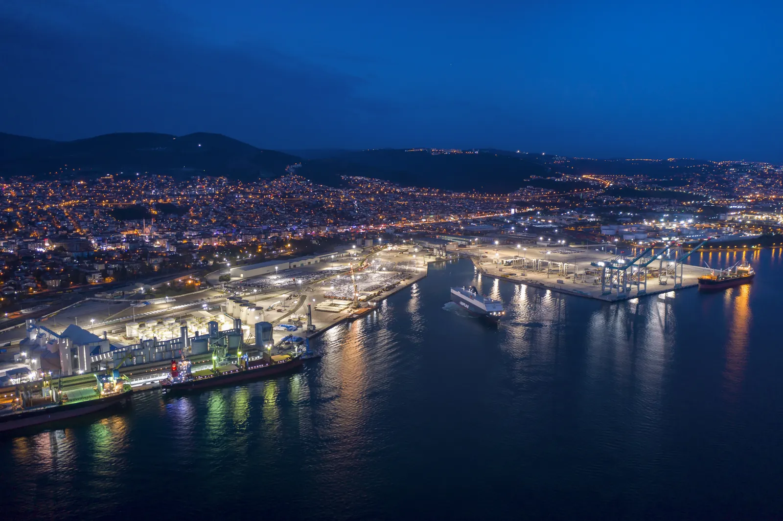 Aerial night view of a port and its quays